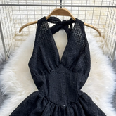 Halterneck deep V-neck backless sleeveless a-line short puffy dress